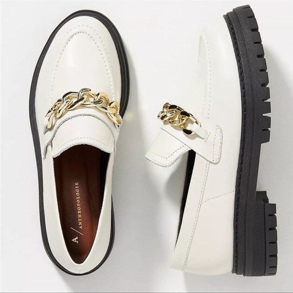 Anthropologie White with Gold Lug platform loafer shoes - Picture 3 of 5